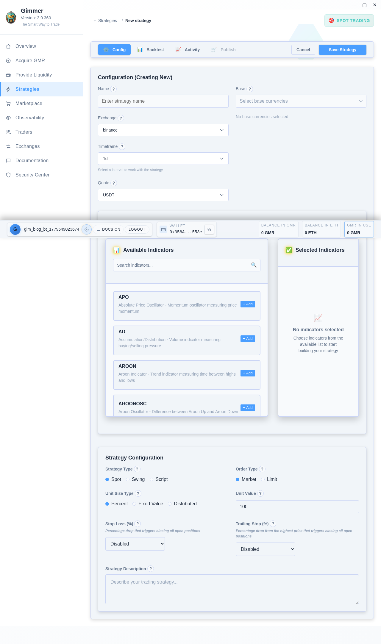 Visual Strategy Builder with indicators on canvas